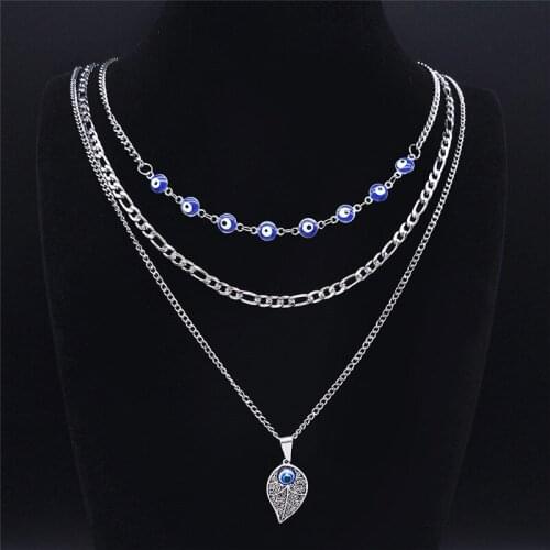 3PCS Stainless Steel Layer Necklace Chain for Women Blue Turkey Eye Leave Charm Necklace Jewelry bijoux femme N1702S04