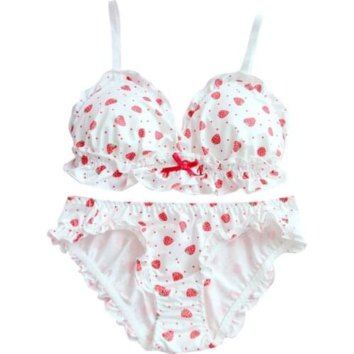 Lolita Girls Strawberry Push Up Underwear Set Kawaii & Sexy Japanese Anime Bra & Panties Wirefree Ruffle Intimates Lingerie