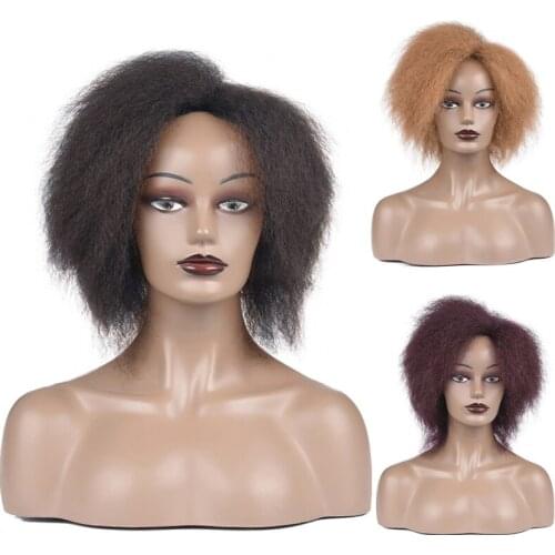 Short Afro Wig Yaki Straight Synthetic Wigs for Black Women African Fluffy Kinky Curly Hair Natural Dark Brown Red Color