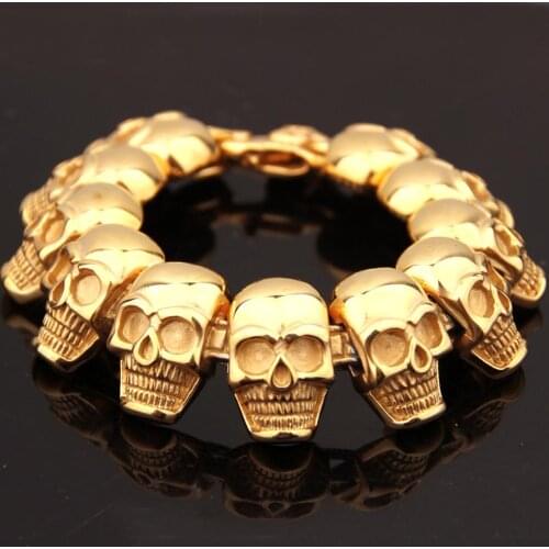 Hot Sale Punk Skull Bracelets For Men Stainless Steel Shiny Skull Charm Link Chain Bracelets Mens Gothic Jewelry 8.66"