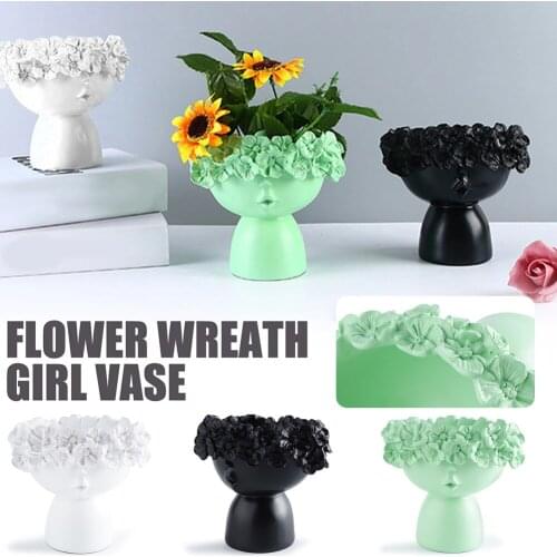 Cute Flower Wreath Girl Vases Crown Doll Head Container Planter Resin Crafts For Home Garden Ornament XH8Z