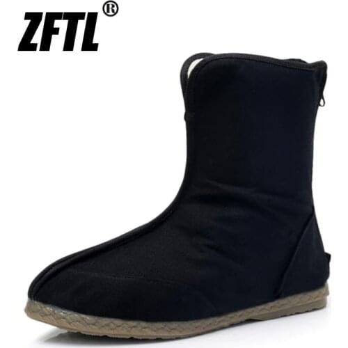 ZFTL Men boots Hanfu Boots Canvas Chinese Opera Performance Retro Boots black Handmade Chinese traditional mens boots 104