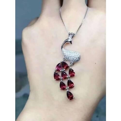 Natural red garnet pendant 925 sterling silver Natural Gemstone Pendant Necklace lovely elegant girl party gift peacock Phoenix