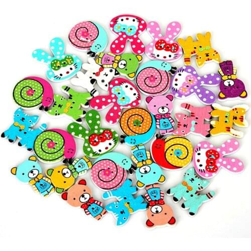 Wholesale Retail 50Pcs/lot Random Mixed Color 2 Holes Decorative Buttons Lovely cartoon Animals Wood Buttons Sewing Scrapbooking