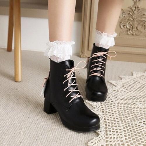Autumn and Winter Shoes Lolita Shoes Women Japanese Style Mary Jane Shoes Women Vintage High Heel Butterfly-knot Plus Size30-48