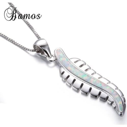 Bamos Fashion Leaf Shape Pendant Necklace Blue Fire Opals Filled Jewelry Silver Color Necklaces For Women Christmas Gifts