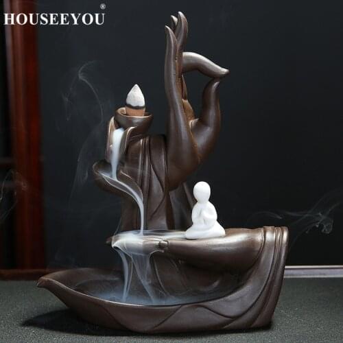 HOUSEEYOU Ceramic Backflow Incense Burner Tathagata Buddha Lotus Incense Cones Stick Holder +10 Cones Incense Home Buddha Decor