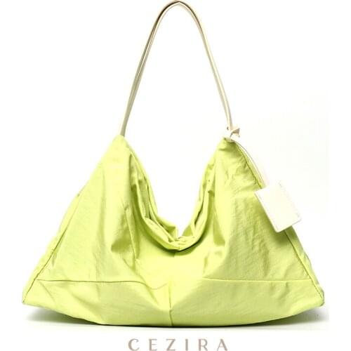CEZIRA Women Quality Nylon Fabric Tote Bag Casual PU Leather Handles Shoulder Hobo Young Female Soft Large Capacity Travel Bags