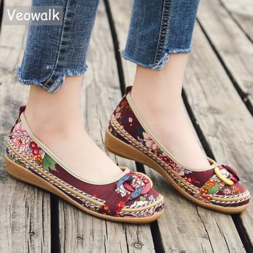 Veowalk Buddhism Beading Strap Womens Canvas Ballet Flats Colorful Back Lace up Handmade Fashion Ladies Floral Printed Shoes