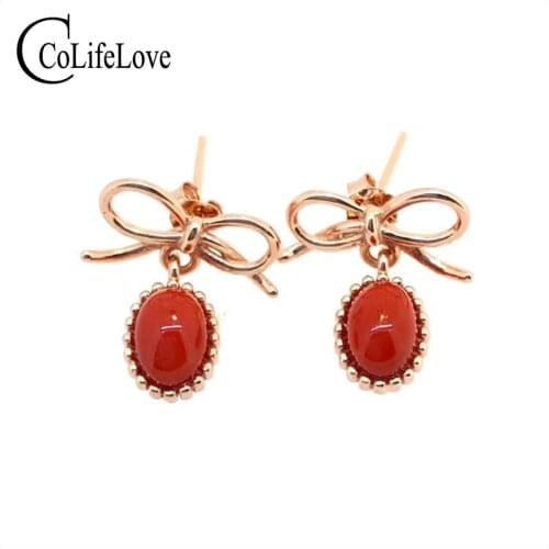 CoLife Jewelry 925 Silver Bow Earrings with Red Coral 5*7mm Natural Red Coral Dangler Classic Silver Coral Jewelry