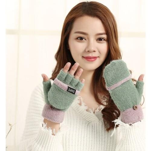 Women Cute Plush Mittens Outdoor Sport Warm Soft Short Fingerless Touchscreen Gloves Half Finger Winter Girl Flip Gloves ST1773