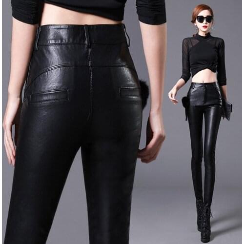 2020 outer wear leggings womens tight matte PU leather pants high waist slimming feet velvet thickening pant KZ525