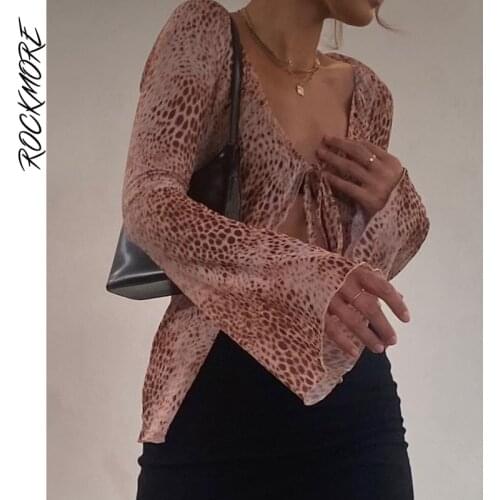 Rockmore Leopard Flare Sleeve Cardigan Top Vintage Print T Shirt Women Autumn Aesthetic Lace Up Tee Streetwear Casual T-shirt