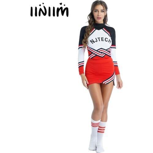 Hot Women Schoolgirl Costume Cheerleader Cosplay Uniform Sexy Lingerie Role Play Long Sleeve Striped Top with Miniskirt Stocking
