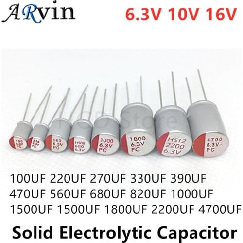 10Pcs DIP Solid Electrolytic Capacitor 6.3V 10V 16V 100UF 150UF 220UF 270UF 330UF 470UF 560UF 680UF 820UF 1000UF 1200UF 1500UF