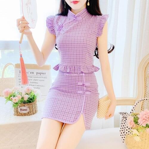 2021 chinese dress chinese sytle women chiffon solid cheongsam qipao lady tea dress+pants set chinese traditional dress qipao