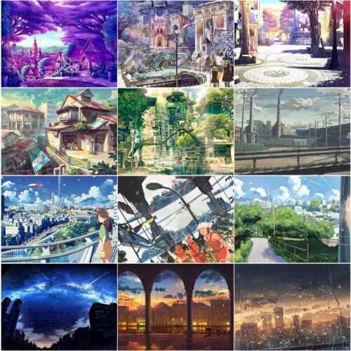 Diamond Painting Scenery Cartoon Moving Comic Style Still Life Scenery City Street View House Building Forest Starry Sky Picture