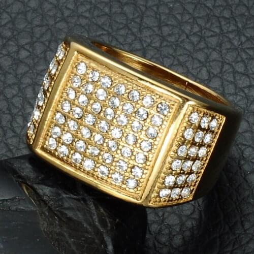 BC Hip-hop Micro Pave Crystal Big Square Gold Color Stainless Steel Men Ring Iced Out Bling Square Ring