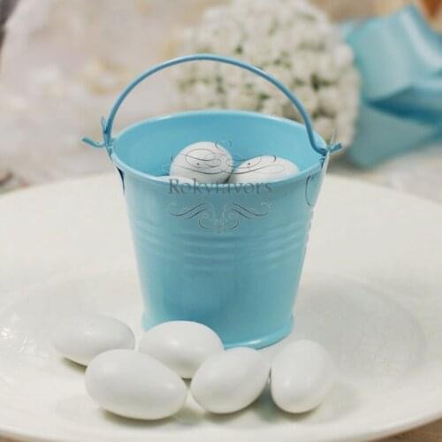 FREE SHIPPING 40PCS 2" Blue Mini Tin Pails Favors Baby Shower Kids Party Candy Package Small Metal Bucket Birthday Table Decors
