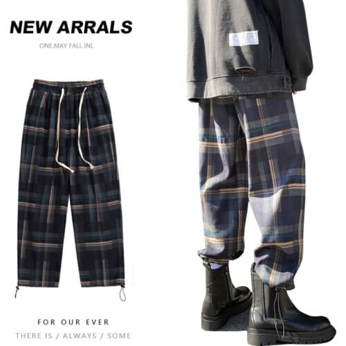 Men Plaid Cargo Pants 2021 Korean Style Hip Hop Harajuku Sweatpants Vintage Woolen Straight Jogging Wide Leg Trousers Streetwear