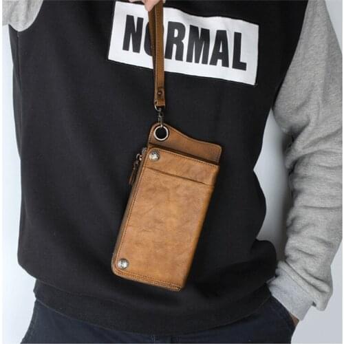 Handmade Genuine leather long wallet retro distressed multi-card bag mens hand bag leather large-capacity zipper phone bag
