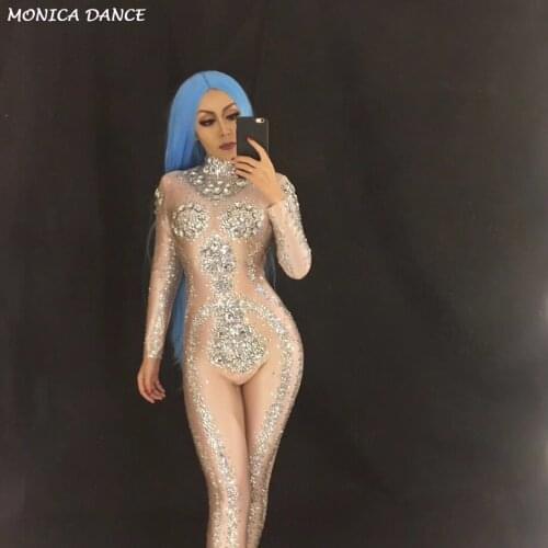 DS Bar Nighclub Stage Costumes for Singer Big Glass Diamonds Jumpsuit Full Sparkling Crystals Hand Made Women Nightclub Costumes