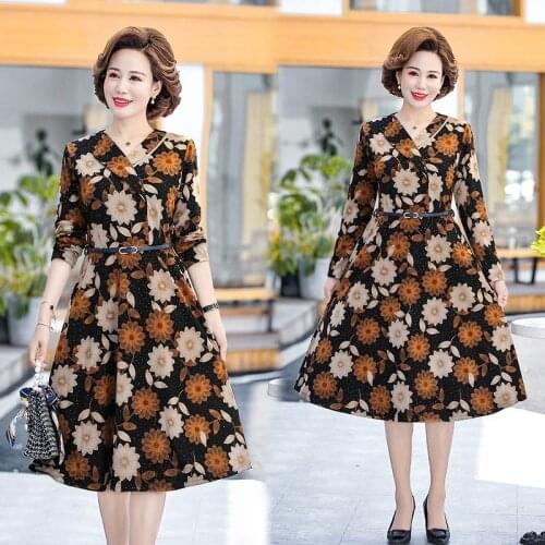 Elegant Women Dress Lady Elegant printing V-neck Button Mid Dress Retro Party Night Dresses Vestidos Plus Size