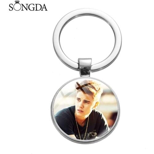 Canadian Popular Singer J Biebs Keychain Trendy Art Poster 3D Print Glass Cabochon Key Chain Ring for Music Fans Souvenir
