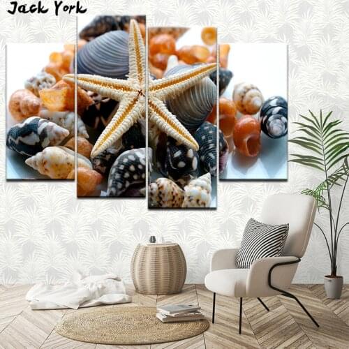 Canvas Painting Seashell and starfish 4 Pieces Wall Art Painting Modular Wallpapers Poster Print Home Decor free shipping