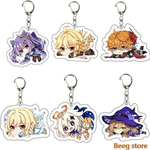 Cute anime genshin impact acrylic keychain for women men venti barbara diluc kaeya xiao tartaglia zhongli figure trinket keyfob