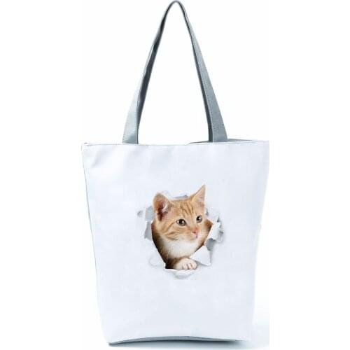 Breaking The Wall Cat Printed Storage Handbags Cute Animal Lady Large Capacity Reusable Shopping Bag Student Shoulder School Bag