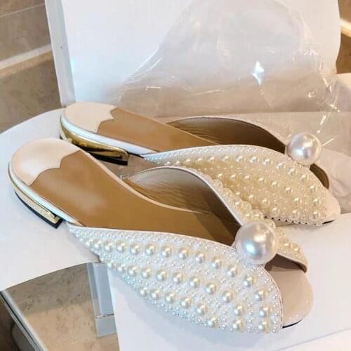 Summer New Pearl Sandals Women Peep Toe Low Heels Slipper Shoes Women Party Femmes Chaussures Fashion sandalias de las mujeres