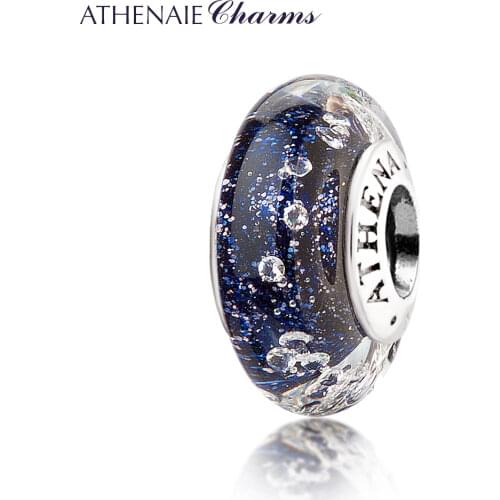 ATHENAIE Genuine 925 Silver Murano Glass Beads Core Multi-Clear CZ Charms Beads Fit All European Charm Bracelets Color Dark Blue