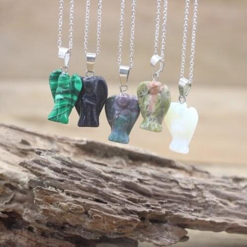 Natural Stone Carved Angel Pendants Necklace Healing Crystal Quartz Agates Figurine Reiki Chakra Charms Women Jewelry QC3109