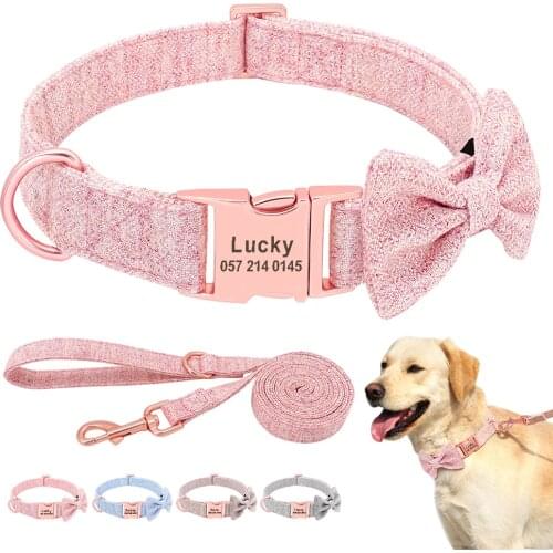 Personalized Dog Collar Leash Set Soft With Bow Custom Engraved Name Nylon Dog Collar Lead Free Print For Small Medium Large Dog