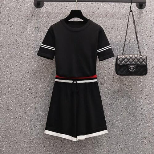 Casual knitted two piece set summer new style plus size women fashion streetwear loose O neck T shirt and shorts sports suit big