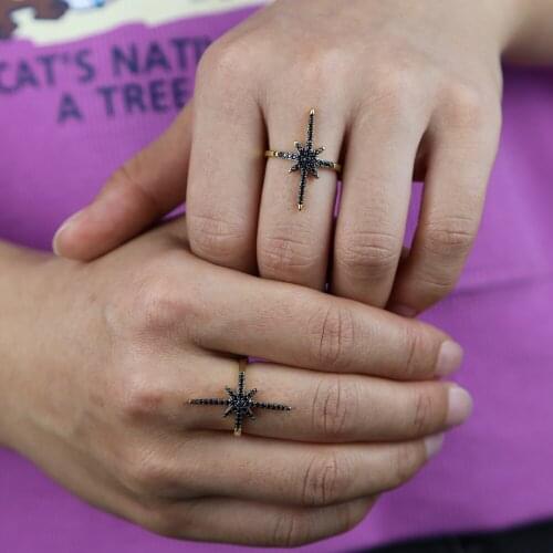 Drop shipping gold color black cubic zirconia cz north star charm starburst hot selling fashion women minimal delicate cz ring