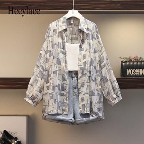 Plus size women streetwear Summer 3 pieces set for women korean long sleeve sunscreen+white vest+denim shorts sets women clothes