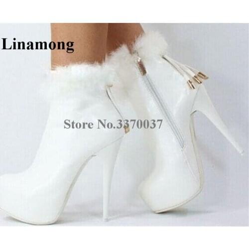 Real Photos Women Round Toe High Platform Fur Wrap Stiletto Heel Short Boots Women Elegant White Leather High Heels Ankle Boots