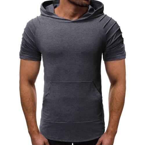 Bodybuilding Hoodies Men Gyms Hooded Short Sleeve T Shirt Fitness Clothing Slim Solid Pullover Sweatshirt