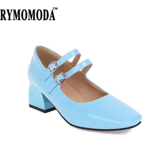 Womens Shoes 2021 Fashion OL Pump Heels Ladies Dress Shoes for Student Square Heel Patent Leather Lolita Plus Size 44 45 46