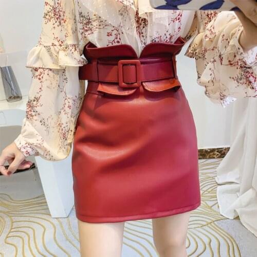 Hot Sale 2020 Fashion Sexy High Waist PU Leather Women Skirt Sashes Pencil Mini Bodycon Female Length Autumn Winter Black red