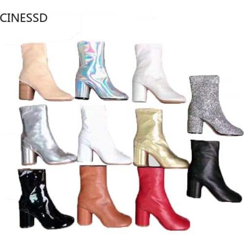 Split Toe Boots Women Cow Leather Ninja Tabi Boots Genuine Leather Round Heel Ankle Boot Real Leather Woman High Heels Shoes