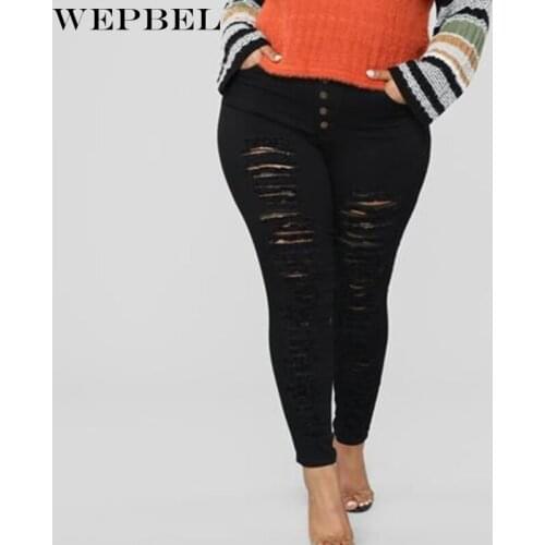 WEPBEL Women Retro Ripped Hole Denim Jeans Mid Waist Button Stretch Pencil Pants Long Trousers