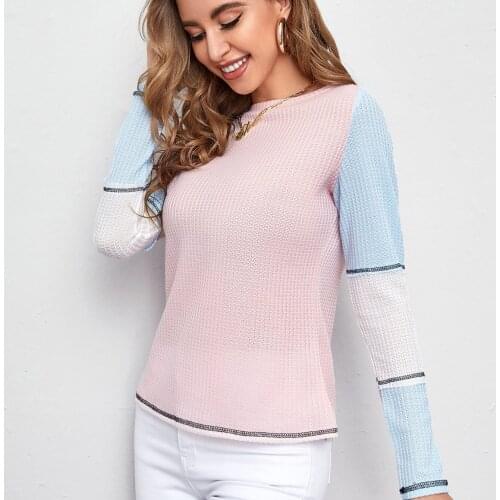 Spring and Autumn Womens Lace Round-necked Top Hollow Knit Breathable Three-color Stitching Bottom Shirt