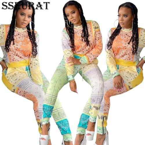 SSEURAT Bandanna Paisley Print Womens Set Streetwear Long Sleeve Tops and Pants Matching Two 2 Piece Set Autumn Sport Outfits