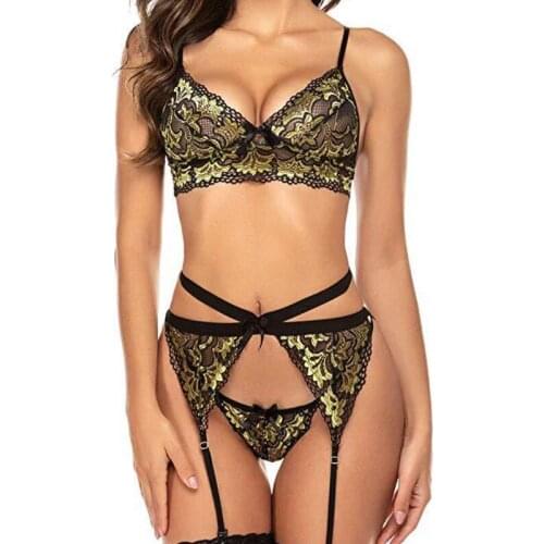 Women 3pcs Sexy Lingerie Bra Set Lace Garter Belt Underwear Exotic Clothing Transparent Bralette and Thong Panty Sets