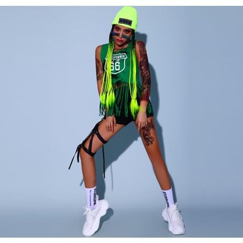 2021 Nightclub Bar DJ DS Costumes Jazz Dance Performance Costumes Green Tassel Tops Shorts Hiphop Pole Dance Clothing DQS7123