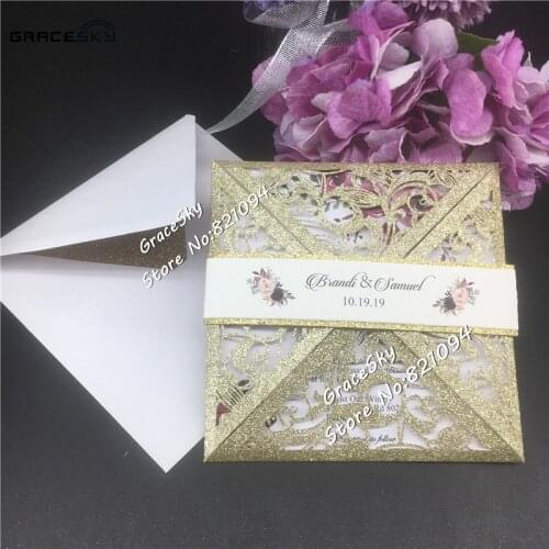 50pcs New Laser Cut Glitter paper Lace four-folding Wedding Invitations Card Customized cards with RSVP Cards Wedding Supplies