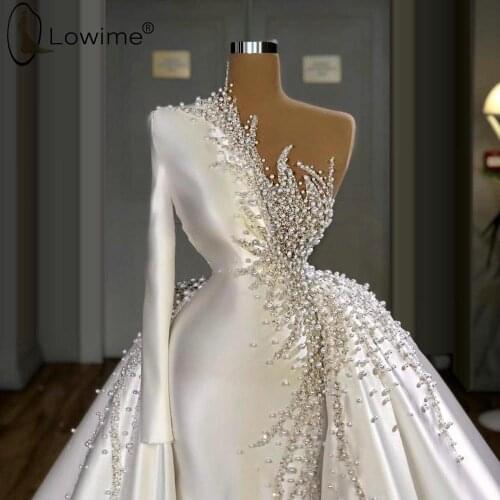 One Shoulder Long Sleeve Mermaid Satin Wedding Dresses with Detachable Train Luxury Heavy Pearls Bridal Gowns